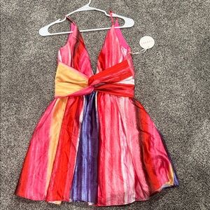 Luxxel Multicolor Striped V-Neck Mini Dress — Pink, Red, Purple, Gold